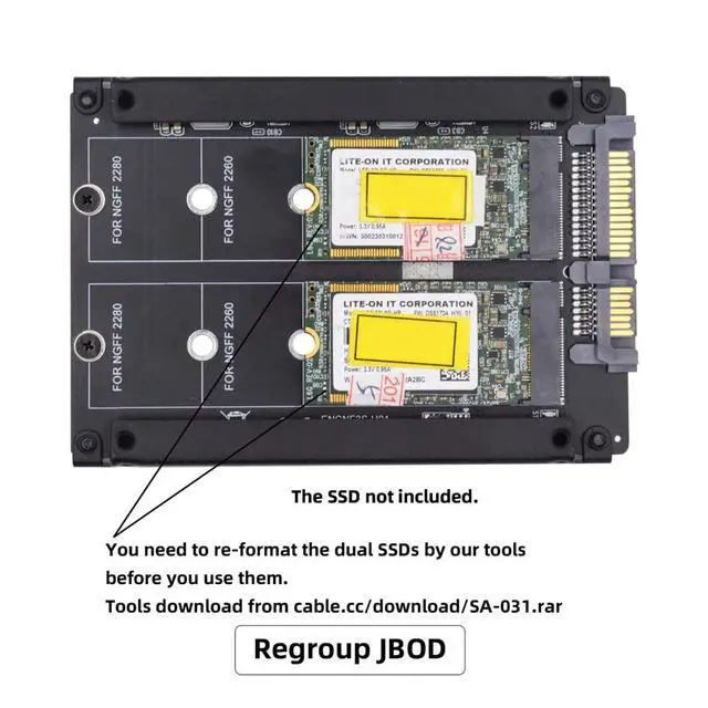 Alt view image 6 of 7 - Vszerda Dual NGFF B+M Key M.2 SSD Card JBOD Raid0 Span Bridge to 2.5inch SATA Combo HDD Disk Drive Enclosure