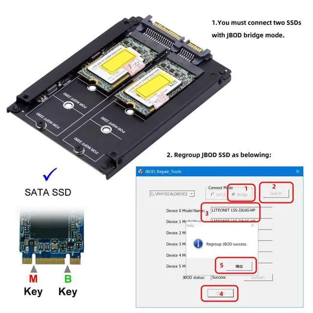 Alt view image 7 of 7 - Vszerda Dual NGFF B+M Key M.2 SSD Card JBOD Raid0 Span Bridge to 2.5inch SATA Combo HDD Disk Drive Enclosure
