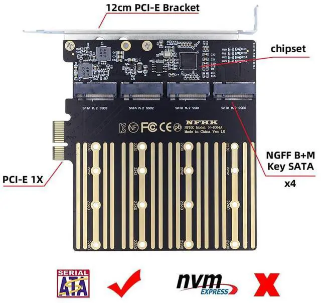 Alt view image 5 of 7 - Vszerda High-Speed 4 SATA NGFF Key B+M SSD to PCI-E 1x Motherboard Desktop Adapter SSD Card ASM1064 2280 with Hot Swap