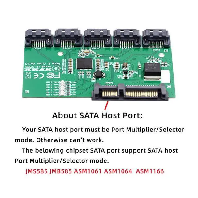 Alt view image 3 of 7 - Vszerda SATA HUB Ports 3.0 6Gbps 1 to 5 Splitter Adapter Converter PM Multiplier Port Selector JMB575