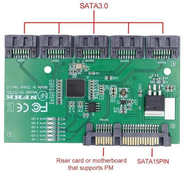 Alt view image 4 of 7 - Vszerda SATA HUB Ports 3.0 6Gbps 1 to 5 Splitter Adapter Converter PM Multiplier Port Selector JMB575