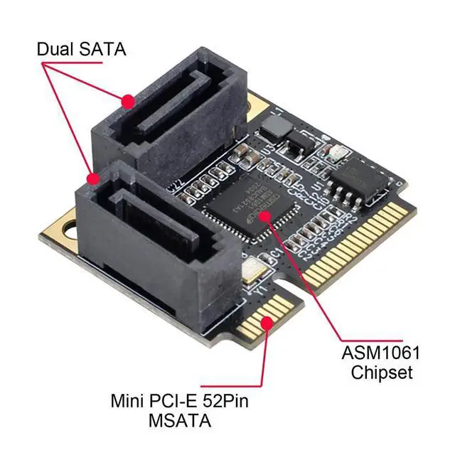 Alt view image 4 of 7 - Vszerda Mini PCI-E PCI Express to SATA 3.0 Dual Ports Adapter Converter Hard Drive Extension Card