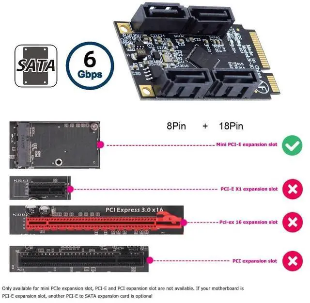 Alt view image 5 of 7 - Vszerda Mini PCI Express PCI-E to SATA 3.0 Extension Card, 4-Ports Adapter Converter 6Gbps Hard Drive for SSD