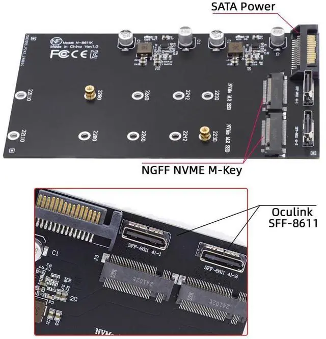 Alt view image 3 of 7 - Vszerda Dual Oculink SFF-8612 SFF-8611 to NVME M.2 NGFF M-Key PCIe SSD 2280 22110mm Adapter Extension Card for Mainboard