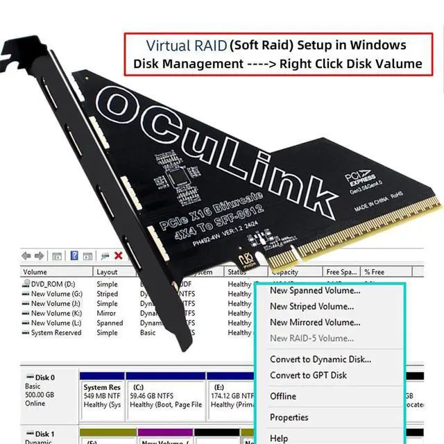 Alt view image 5 of 7 - Vszerda PCI-Express 4.0 16x PCIE Detachable to Four Oculink SFF-8612 SFF-8611 VROC Raid0 External Adapter for U.2 SSD eGPU External Graphics Card Dock