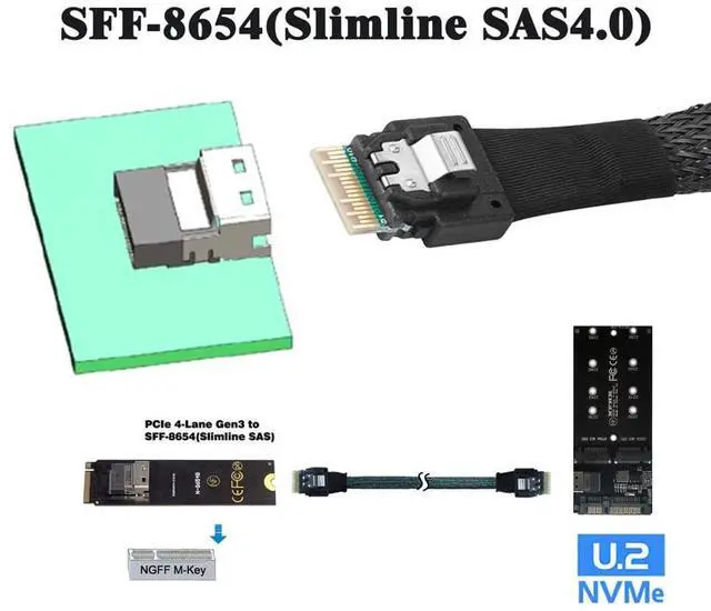 Alt view image 7 of 7 - Vszerda PCI-E Slimline SAS 4.0 SFF-8654 4i 38pin Host to SFF-8654 Slim SAS Target Cable 40cm