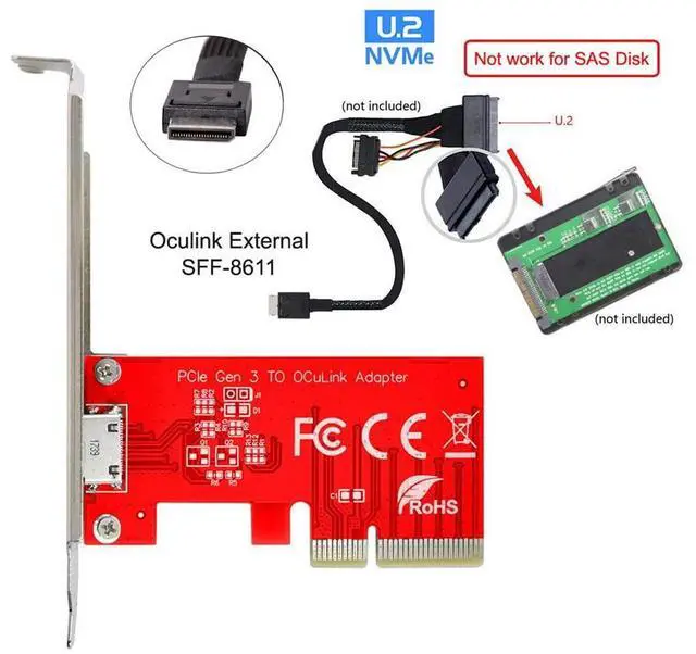 Alt view image 5 of 7 - Vszerda PCI-E 3.0 Express 4.0 x4 to Oculink External SFF-8612 SFF-8611 Host Adapter for PCIe SSD with Bracket