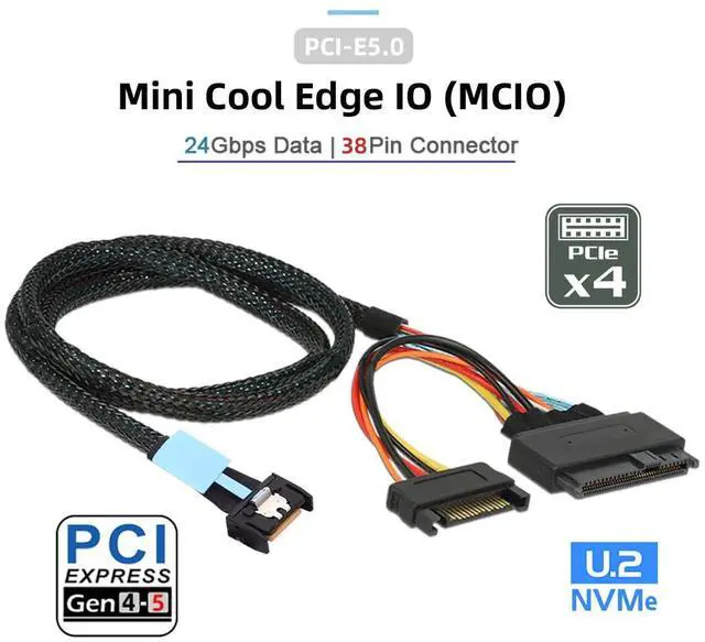Alt view image 2 of 7 - Vszerda PCIe 5.0 MCIO 4X Mini Cool Edge IO to U.2 SFF-8639 NVME PCI-Express with 15P Sata Power Cable for SSD Mainboard 50cm