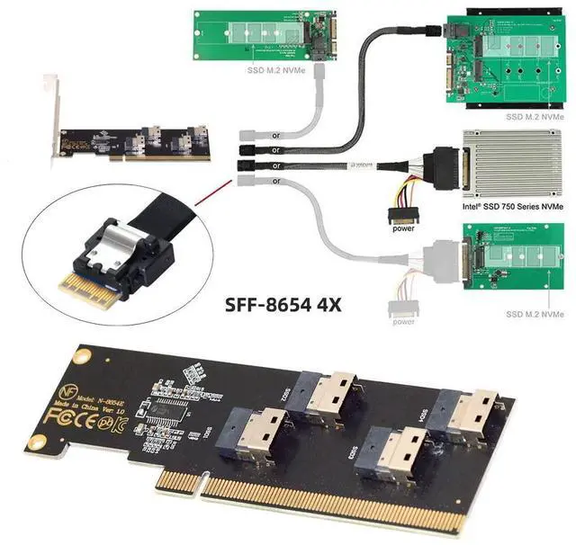 Alt view image 7 of 7 - Vszerda Slimline SFF-8654 Four 4X 4 NVME to PCIE Express 3.0 4.0 Raid Card VROC Raid0 Hyper Adapter