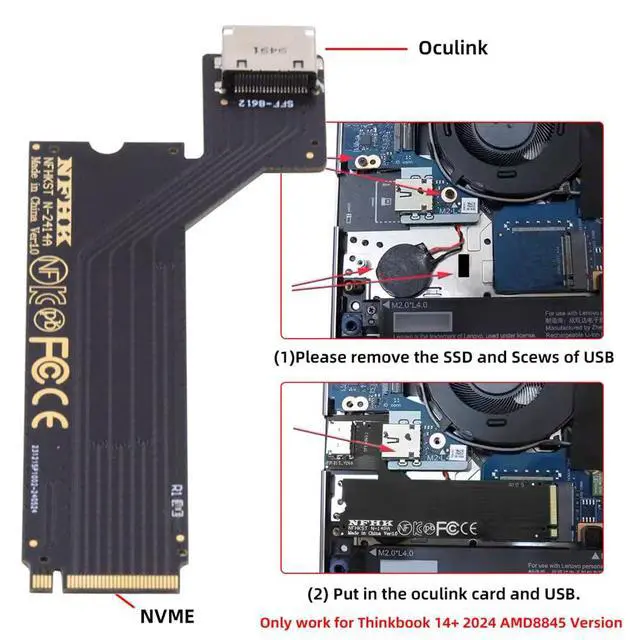 Alt view image 4 of 7 - Vszerda PCI-E 4.0 4X NVMe M.2 M-Key to Oculink SFF-8612 SFF-8611 Host Adapter for 2024 ThinkBook 14+ AMD8845 SSD & External Graphics Card