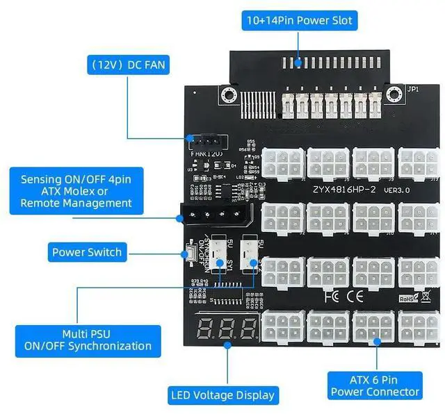 Alt view image 4 of 7 - Vszerda 14+10Pin Flex Slot Server Power Board to 16x6Pin Power Supply Board for CHIA ETH BTC Mining Miner
