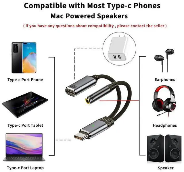Alt view image 7 of 7 - Vszerda USB-C Type-C Male to 3.5mm Female Audio Adapter DAC AUX Music 16bit 48kHz & 100W PD Power Charging Cable for Laptop Tablet Phone More Type C Devices