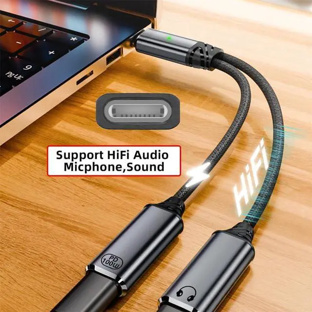 Alt view image 4 of 7 - Vszerda USB-C Type-C Male to 8P Female Audio Adapter DAC AUX Music 16bit 48kHz & 100W PD Power Charging Cable for Laptop Tablet Phone More Type C Devices