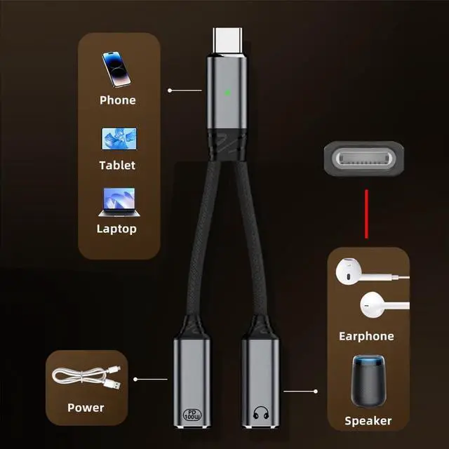 Alt view image 6 of 7 - Vszerda USB-C Type-C Male to 8P Female Audio Adapter DAC AUX Music 16bit 48kHz & 100W PD Power Charging Cable for Laptop Tablet Phone More Type C Devices