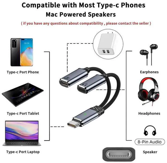 Alt view image 7 of 7 - Vszerda USB-C Type-C Male to 8P Female Audio Adapter DAC AUX Music 16bit 48kHz & 100W PD Power Charging Cable for Laptop Tablet Phone More Type C Devices