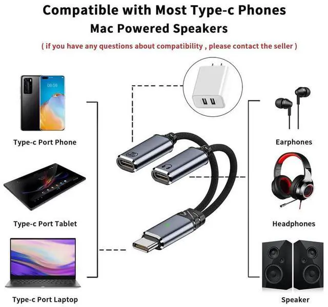 Alt view image 7 of 7 - Vszerda USB-C Type-C Male to Dual Female Audio Adapter DAC AUX Music 16bit 48kHz & 100W PD Power Charging Cable for Laptop Tablet Phone More Type C Devices