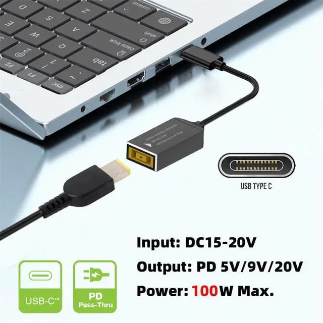 Alt view image 6 of 7 - Vszerda Rectangle Jack Thinkpad X1 Input to Type-C USB-C Power 100W Charge Cable Braided for Laptop Phone PD9V 5V 20V 18cm