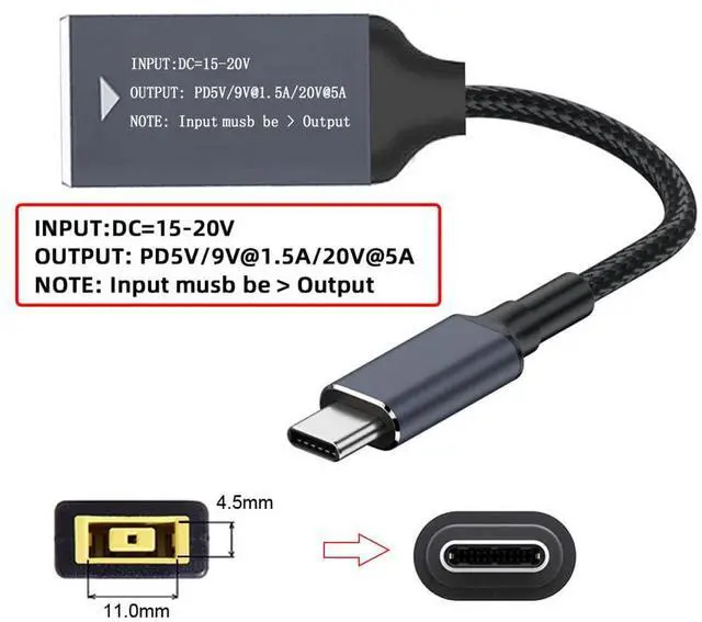Alt view image 7 of 7 - Vszerda Rectangle Jack Thinkpad X1 Input to Type-C USB-C Power 100W Charge Cable Braided for Laptop Phone PD9V 5V 20V 18cm
