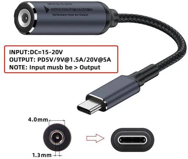 Alt view image 7 of 7 - Vszerda DC Jack 4.0X1.3mm Input to Type-C USB-C Power 100W Charge Cable Braided for Laptop Phone PD9V 5V 20V 18cm