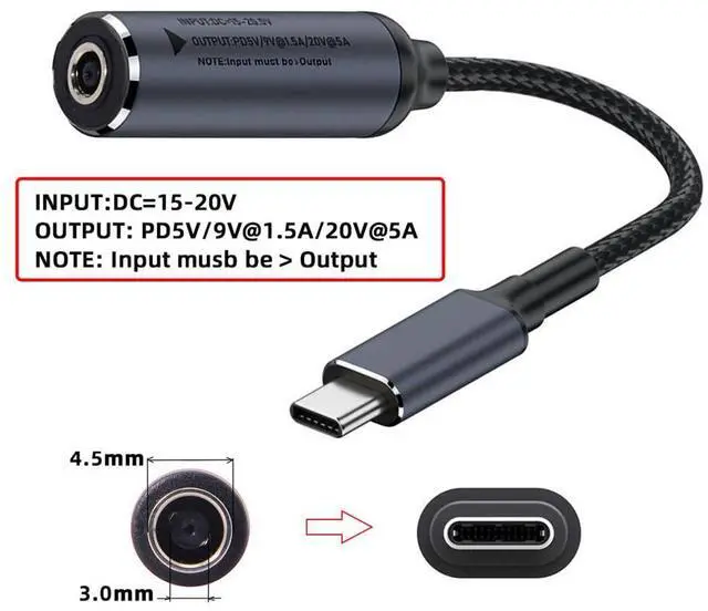 Alt view image 7 of 7 - Vszerda DC Jack 4.5X3.0mm Input to Type-C USB-C Power 100W Charge Cable Braided for Laptop Phone PD9V 5V 20V 18cm