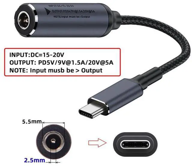 Alt view image 7 of 7 - Vszerda DC Jack 5.5X2.5mm Input to Type-C USB-C Power 100W Charge Cable Braided for Laptop Phone PD9V 5V 20V 18cm