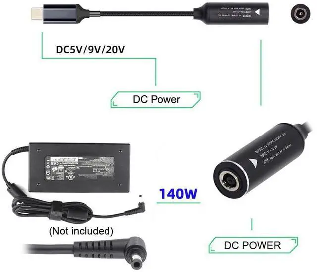 Alt view image 6 of 7 - Vszerda DC Jack 7.9x5.4mm Input to USB-C Type-C 140W Power Smart LED Display Charge Cable for Laptop Phone PD9V/5V/20V/7A 21CM