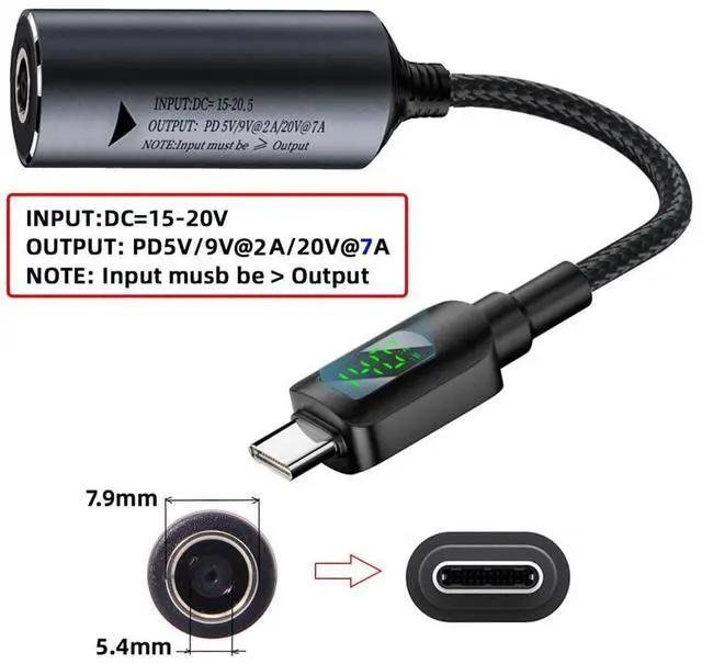 Alt view image 7 of 7 - Vszerda DC Jack 7.9x5.4mm Input to USB-C Type-C 140W Power Smart LED Display Charge Cable for Laptop Phone PD9V/5V/20V/7A 21CM