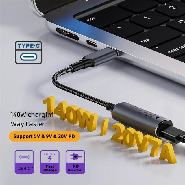 Alt view image 7 of 7 - Vszerda Rectangle Jack Thinkpad X1 Input to Type-C USB-C PD9V 5V 20V 7A Braided Charge Cable Power 140W for Laptop Phone 18cm