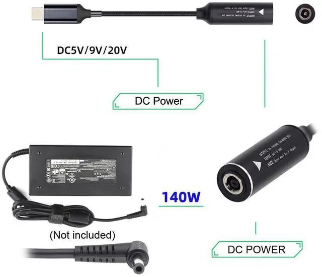 Alt view image 2 of 7 - Vszerda DC Jack 5.5X2.1mm Input to Type-C USB-C PD9V 5V 20V 7A Braided Charge Cable Power 140W for Laptop Phone 18cm