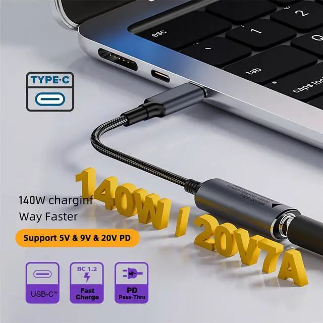 Alt view image 6 of 7 - Vszerda DC Jack 5.5X2.1mm Input to Type-C USB-C PD9V 5V 20V 7A Braided Charge Cable Power 140W for Laptop Phone 18cm