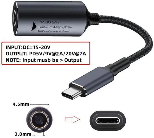 Alt view image 7 of 7 - Vszerda DC Jack 4.5X3.0mm Input to Type-C USB-C PD9V 5V 20V 7A Braided Charge Cable Power 140W for Laptop Phone 18cm