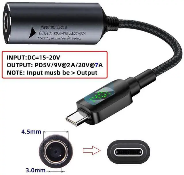 Alt view image 3 of 7 - Vszerda DC Jack 4.5x3.0mm Input to USB-C Type-C 140W Power Cable Smart LED Display Charge for Laptop Phone PD9V/5V/20V/7A 21CM