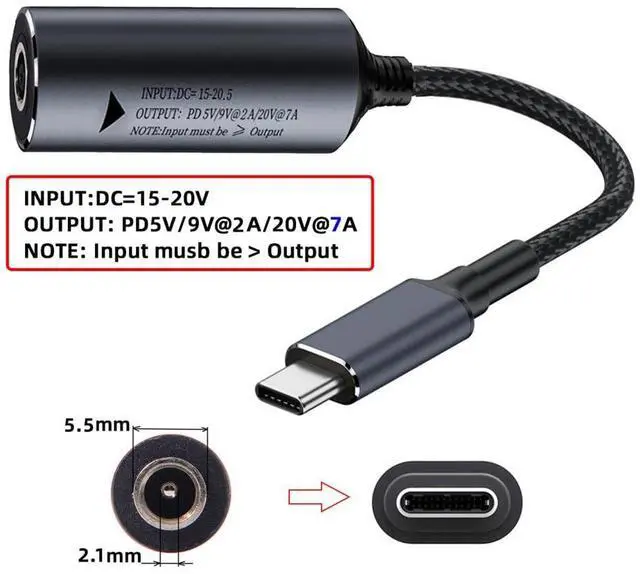 Alt view image 7 of 7 - Vszerda DC Jack 5.5X2.1mm Input to Type-C USB-C PD9V 5V 20V 7A Braided Charge Cable Power 140W for Laptop Phone 18cm