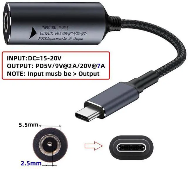Alt view image 7 of 7 - Vszerda DC Jack 5.5X2.5mm Input to Type-C USB-C PD9V 5V 20V 7A Braided Charge Cable Power 140W for Laptop Phone 18cm