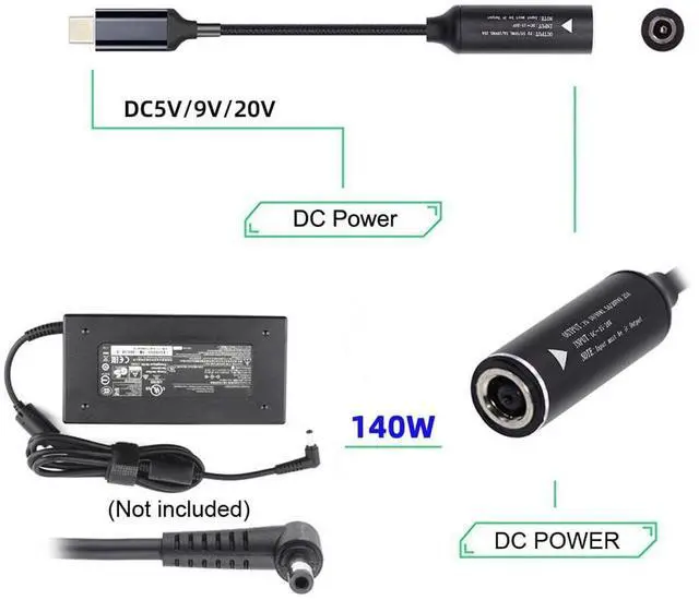 Alt view image 2 of 7 - Vszerda DC Jack 6.0X1.4mm Input to Type-C USB-C PD9V 5V 20V 7A Braided Charge Cable Power 140W for Laptop Phone 18cm