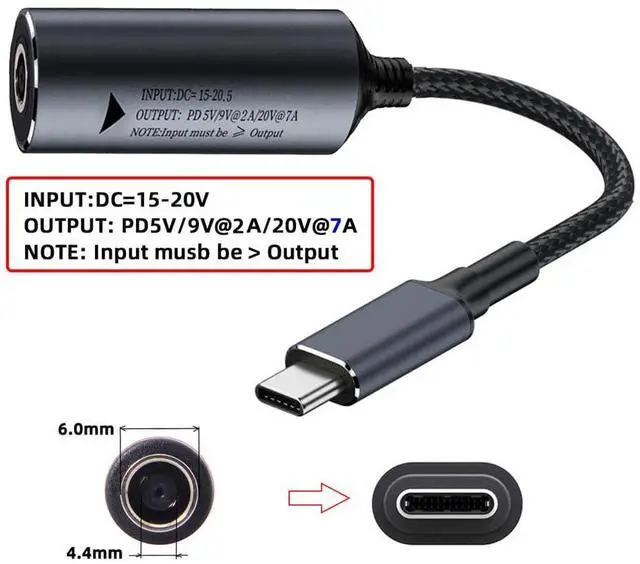 Alt view image 7 of 7 - Vszerda DC Jack 6.0X1.4mm Input to Type-C USB-C PD9V 5V 20V 7A Braided Charge Cable Power 140W for Laptop Phone 18cm