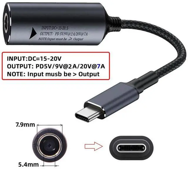 Alt view image 7 of 7 - Vszerda DC Jack 7.9x5.4mm Input to Type-C USB-C PD9V 5V 20V 7A Braided Charge Cable Power 140W for Laptop Phone 18cm
