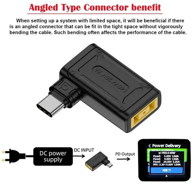 Alt view image 5 of 7 - Vszerda 90 Degree Angled Rectangle Jack Thinkpad X1 Input to USB-C Type-C 140W 100W Power Plug Charge Adapter for Laptop Phone