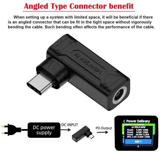Alt view image 2 of 7 - Vszerda DC Jack 6.0x1.4mm Input to USB-C Type-C 140W 100W Power Plug 90 Degree Angled Charge Adapter for Laptop Phone