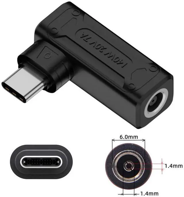 Alt view image 4 of 7 - Vszerda DC Jack 6.0x1.4mm Input to USB-C Type-C 140W 100W Power Plug 90 Degree Angled Charge Adapter for Laptop Phone