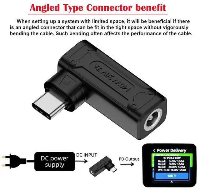 Alt view image 2 of 7 - Vszerda 90 Degree Angled DC Jack 5.5x2.5mm Input to USB-C Type-C 140W 100W Power Plug Charge Adapter for Laptop Phone
