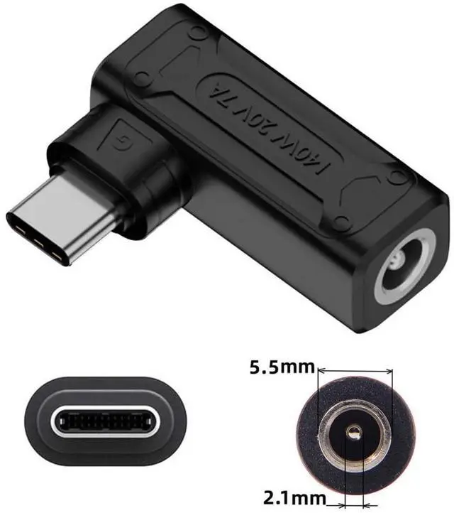 Alt view image 2 of 7 - Vszerda 90 Degree Angled DC Jack 5.5x2.1mm Input to USB-C Type-C 140W 100W Power Plug Charge Adapter for Laptop Phone