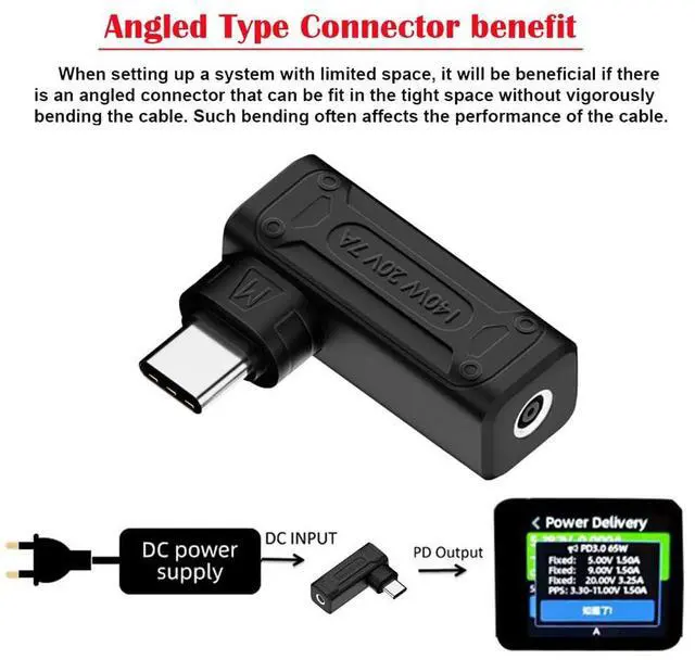Alt view image 2 of 7 - Vszerda 90 Degree Angled DC Jack 4.5x3.0mm Input to USB-C Type-C 140W 100W Power Plug Charge Adapter for Laptop Phone