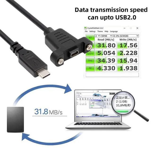 Alt view image 3 of 7 - Vszerda USB 2.0 Extension Cable 1FT, Mini USB 5 Pin Connector to USB-C Male Charger 480Mbps Data Cords Panel Mount Screw for Portable Hard Drive, Camera, MP3 Player, GPS Receiver and More