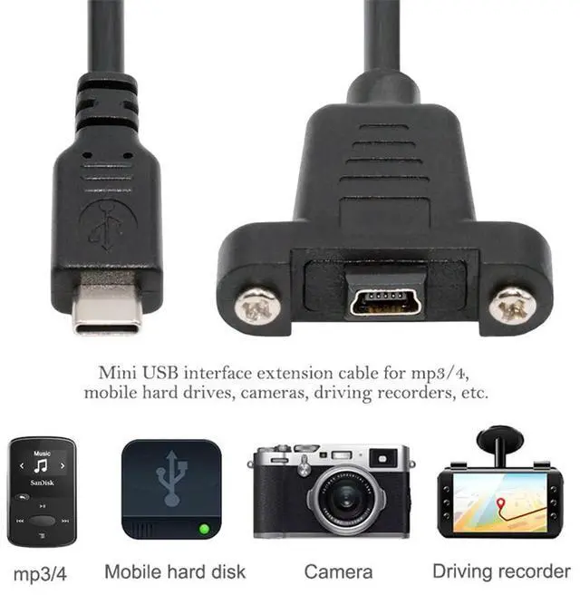 Alt view image 5 of 7 - Vszerda USB 2.0 Extension Cable 1FT, Mini USB 5 Pin Connector to USB-C Male Charger 480Mbps Data Cords Panel Mount Screw for Portable Hard Drive, Camera, MP3 Player, GPS Receiver and More