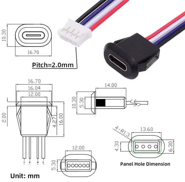 Alt view image 3 of 7 - Vszerda 5pcs/Set DIY OEM Type C Female Socket to 4Pin Header Cable Type-C to 4P Waterproof Terminal Wire with Pitch=2.0mm Latch Mount Type USB C Pigtail DC 5V Extension Power Cable