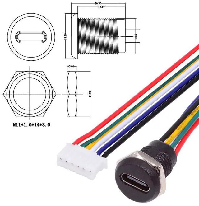 Alt view image 2 of 7 - Vszerda 5pcs DIY OEM Type C Female Socket to 6Pin Header 24AWG Pitch=2.0mm Panel Mount DC 5V/20V PD Power Cable