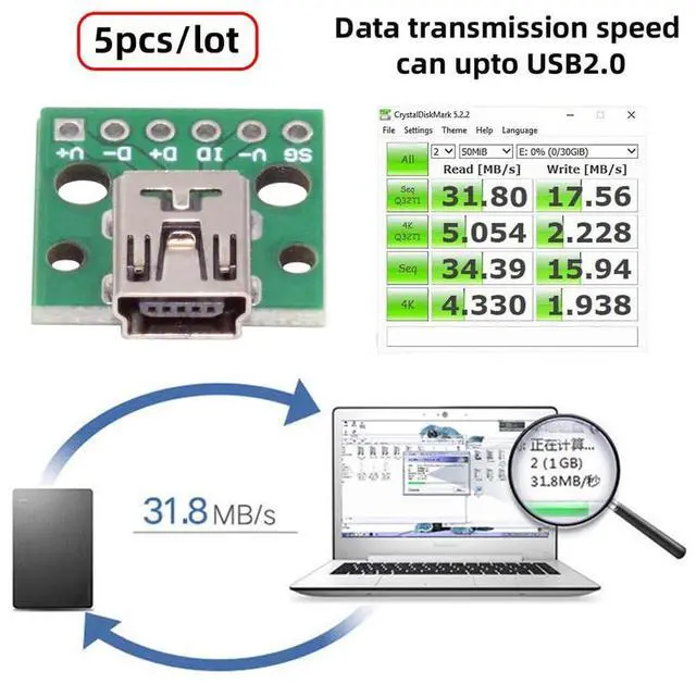 Alt view image 5 of 7 - Vszerda 5pcs USB2.0 Mini-B Female Receptacle Socket Connector DIY OEM Horizontal with PCB Board Mounting Assembly Solder Type 480Mbps