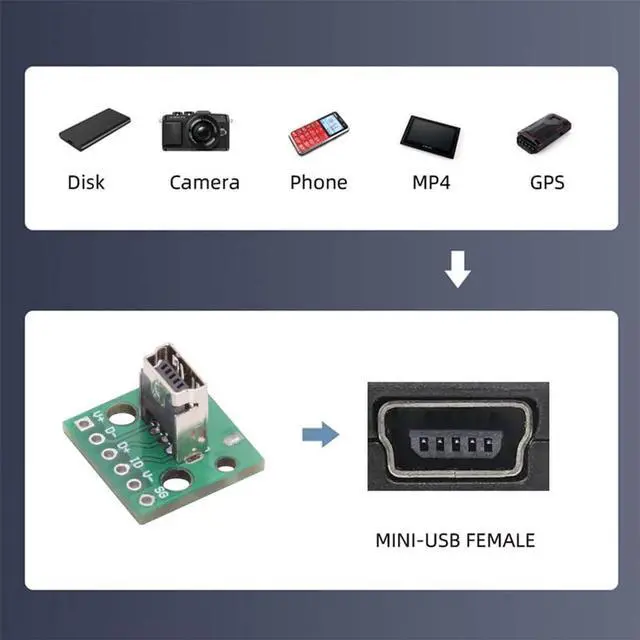 Alt view image 6 of 7 - Vszerda 5pcs USB2.0 Mini-B Female Receptacle Socket Connector DIY OEM Vertical with PCB Board Mounting Assembly Solder Type 480Mbps