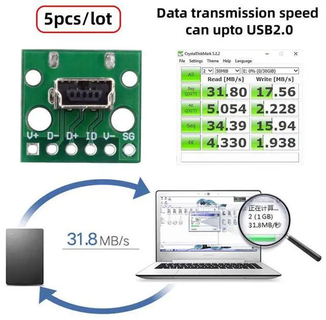 Alt view image 5 of 7 - Vszerda 5pcs USB2.0 Mini-B Female Receptacle Socket Connector DIY OEM Vertical with PCB Board Mounting Assembly Solder Type 480Mbps